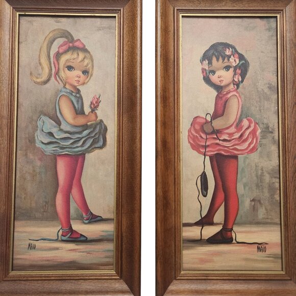 Vintage Maio Framed Big Eye Girls Ballerinas Framed Wall Hanging Art Set of Two - Picture 2 of 8